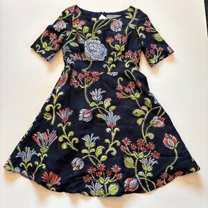 Lela Rose Floral Flare Embroidered Dress Short Sleeve Cocktail Wedding Silk